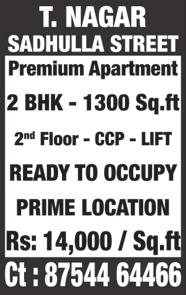 ft, 1 st floow, East facing, 3 phase EB, 24 hours metro water, 2-wheeler parking, price Rs. 50 lakhs. Ph: 4261 4799, 99406 74322. Baroda Street, 3 bedrooms, built up area 1183 sq.ft, UDS 570 sq.