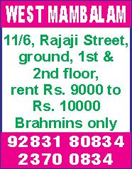 Ph: 82489 86058. Babu Rajendra Prasad 1 st Street, 3 dining, 1268 sq.ft, UDS 850 sq.ft, 2 balconies, East facing, marble flooring, rate Rs. 8300 per sq.ft, immediate sake, no brokers.
