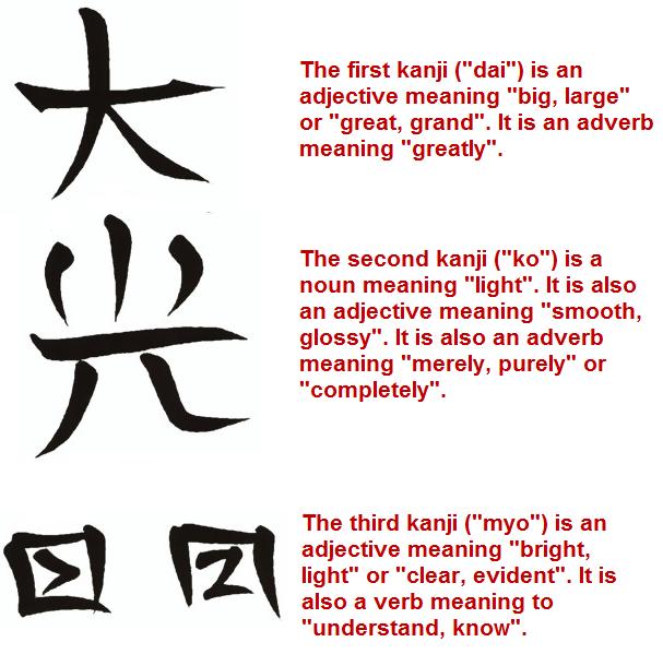 The DKM symbol is a composition of three kanji s. The kanji s compose the mantra "dai ko myo". Simply translated, it means "great bright light" or "great shining light".