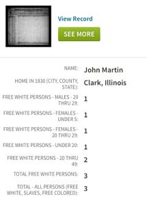 Male 20-29, and female 29-29. But no older Martins with them. No Old John and no Isabella. Here is the second Clark County John Martin in 1830.