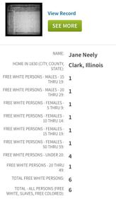 Also on the 1830 Clark census page is Jane Neely widow of Charles Neely. Jane was between 50-59 about right if she was born c 1779-80. Oldest male in his 20s.
