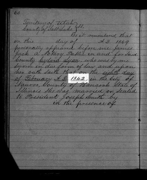 Smith. 23 Importantly, within that same collection of affidavit books is a second unsigned document that specifies an February 8, 1843 date, a full year later.