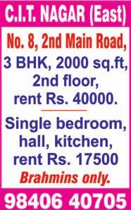 WEST MAMBALAM, Naickamar Street, 2 bedrooms, hall, kitchen, 630 sq.ft, 1 st floor, price Rs. 50 lakhs (negotiable). Contact: K. Kannan. Ph: 93826 69393.
