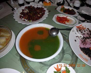 The yin yang symbol is seen everywhere in a Daoist monastery near Chongqing, China, even in the soup!