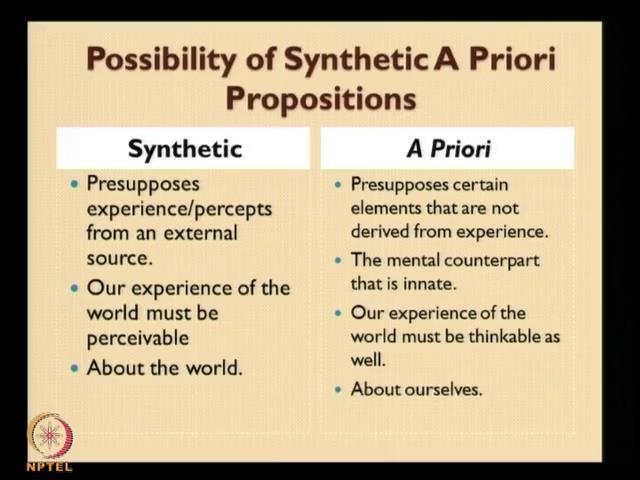 (Refer Slide Time: 02:58) So, we will start with what where we have stop in the previous lecture, the possibility of synthetic a priori propositions, this central problem in Kant s critique of pure