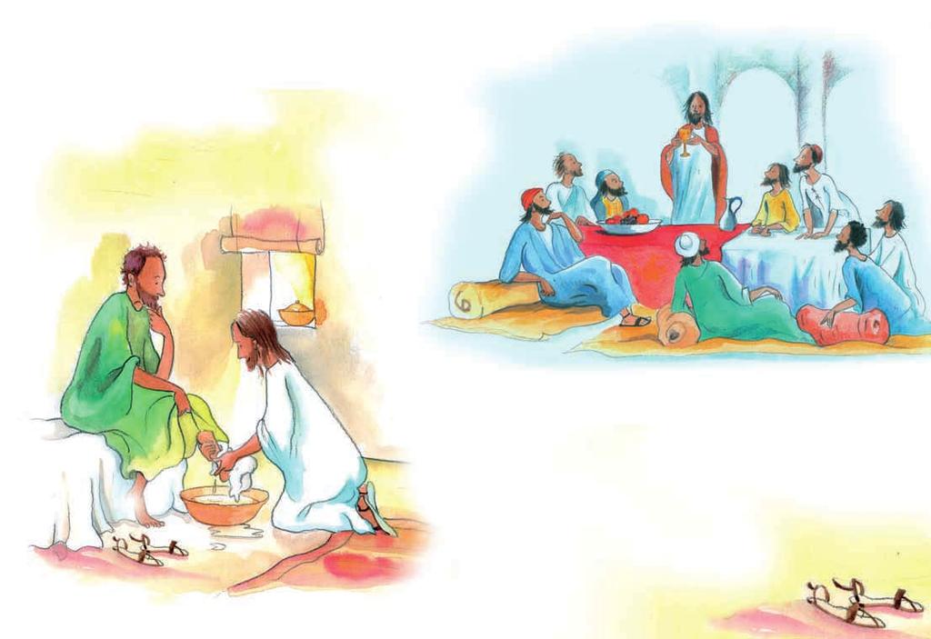 One night Jesus had supper with his friends, but first he washed their dusty feet. He wanted to show them he cared about them, and he wanted them to look after each other in the same way.