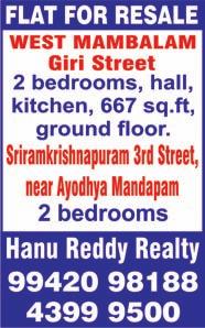 ft, individual house, car park, price Rs. 2.70 crores, renal income Rs. 50000. Contact: Baskaran. Ph: 91769 32467. C.I.T NAGAR, Main Road, near Mount Road, 2 bedrooms, hall, kitchen, 1100 sq.