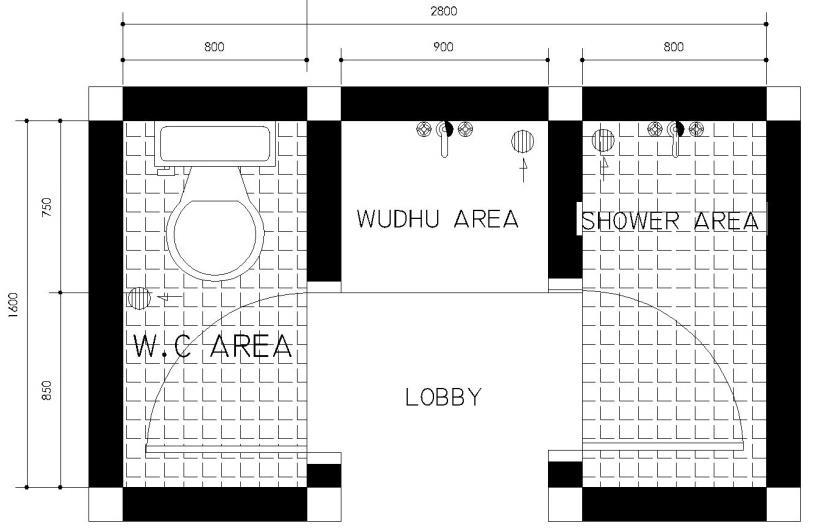 better separation between areas inside the bathroom so that it can get better maintenance of cleanliness quality Lobby as a dry area Large bathroom with shower The lobby is set as a transition