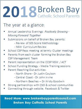 each term Two Parents represented Broken Bay on the CCSP NSW / ACT Two School Funding Strategy - Media Training sessions Parent Seminars: North Shore - Dr Justin Coulson Central Coast - Dr John