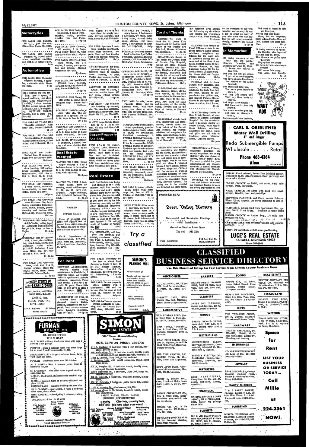 >*. July 2,972 CLINTON COUNTY NEWS, St. Johns, Mchgan FOR SALE: 965 Dodge 3/4?