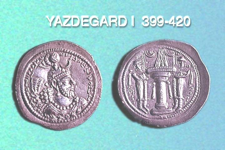 YAZDEGARD I (CE 399-420) son of Shahpur III (Silver Drachm) Obverse: 'MaZDISN BaGI RAMShaTRI IeZDKaRTI MaLKAN MaLKa AIRAN' (Defender of the Faith-Mazdayasna, delight of the realm, Yazdegard, King of