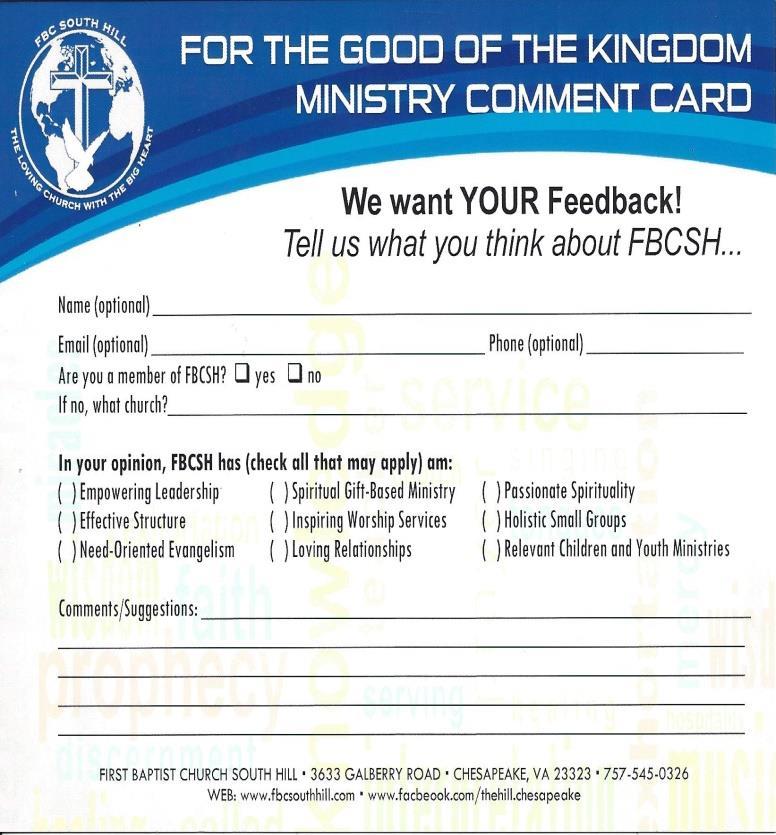 FIRST BAPTIST WE NEED TO HEAR FROM YOU!