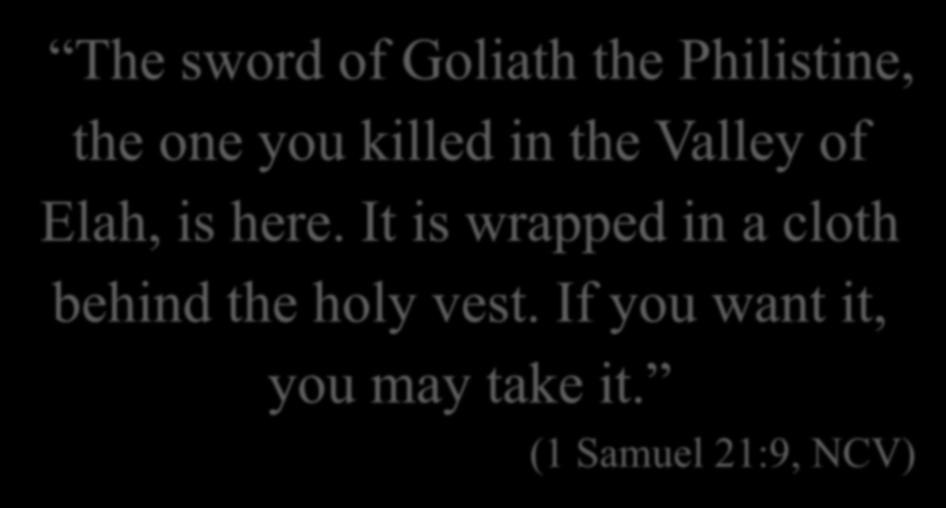 The sword of Goliath the Philistine, the one you killed in the Valley of Elah, is here.