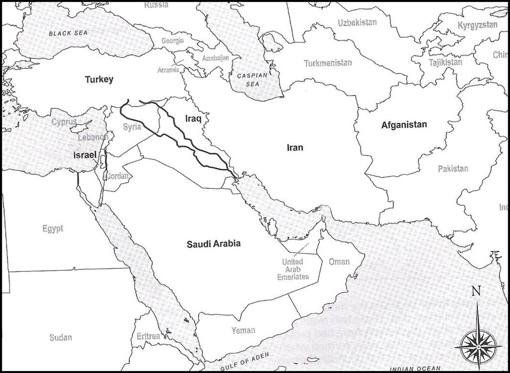 Be able to locate and label the following places on a map: Afghanistan, Iran, Israel, Saudi Arabia, Iraq, Turkey, Euphrates River, Jordan River,