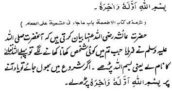 Hazrat Ayesha rta narrates that Rasoolullah saw said that when someone amongst you starts the meal then he must begin it with the name of Allah Ta ala