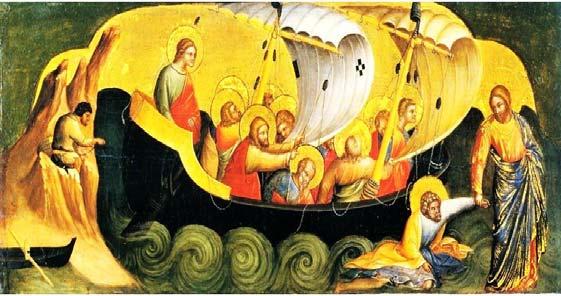 wits. Peter challenges Jesus, and Jesus invites him to step out of the boat and joins him. Peter at first able to walk on the water but begins to flounder.