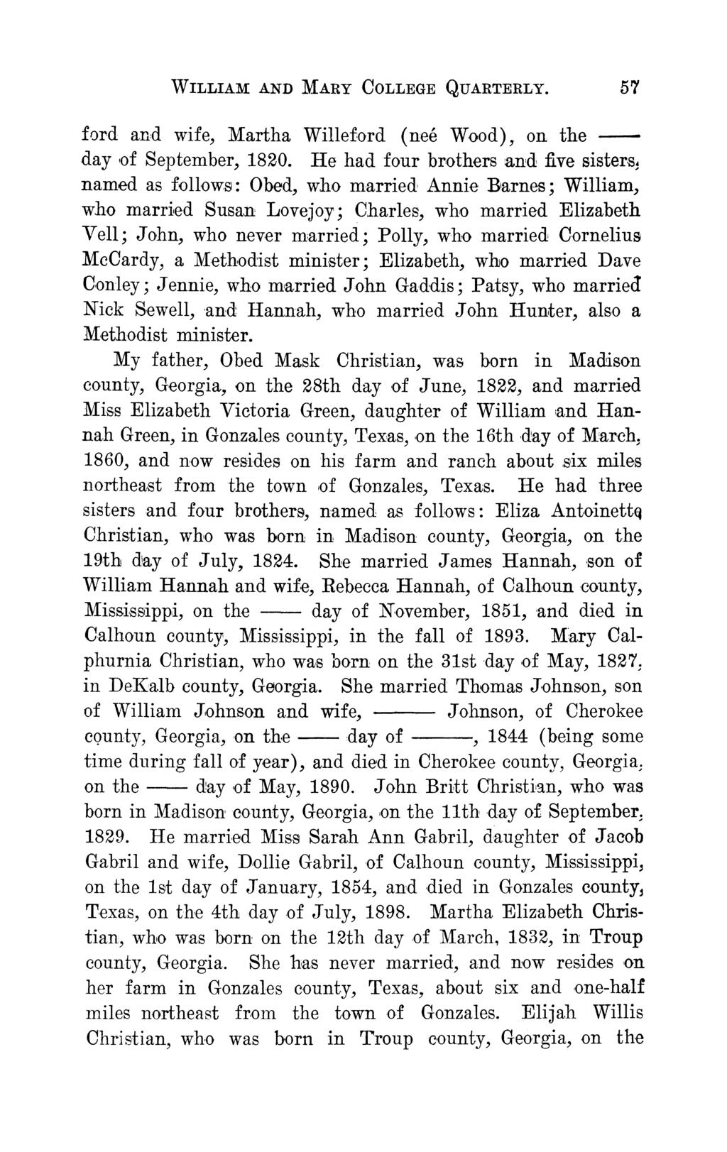 WILLIAM AND MARY COLLEGE QUARTERLY. 57 ford and wife, Martha Willeford (nee Wood), on the day of September, 1820.