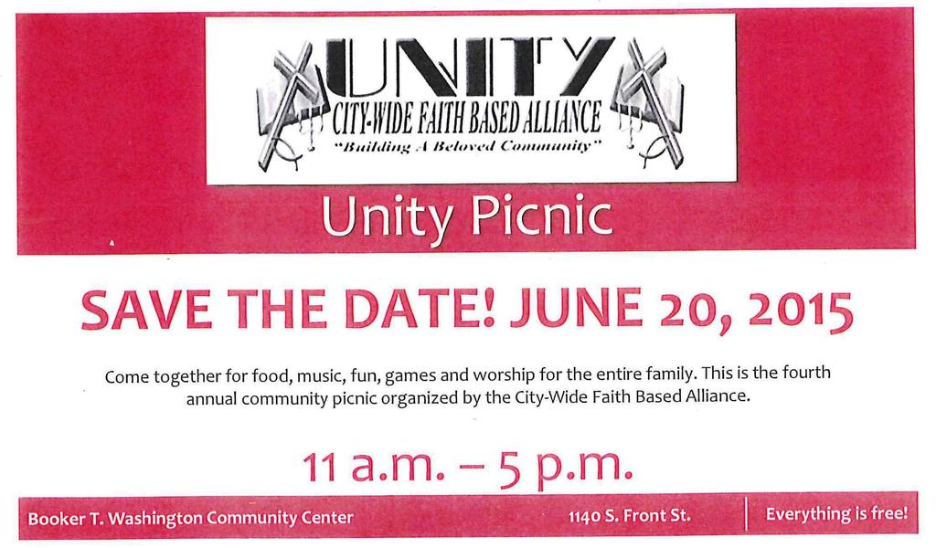Please join us for fellowship, great food, and fun at our upcoming Unity Alliance Picnic at Booker T. Washington Community Center, Saturday, June 20, 2015, 11am to 5pm.