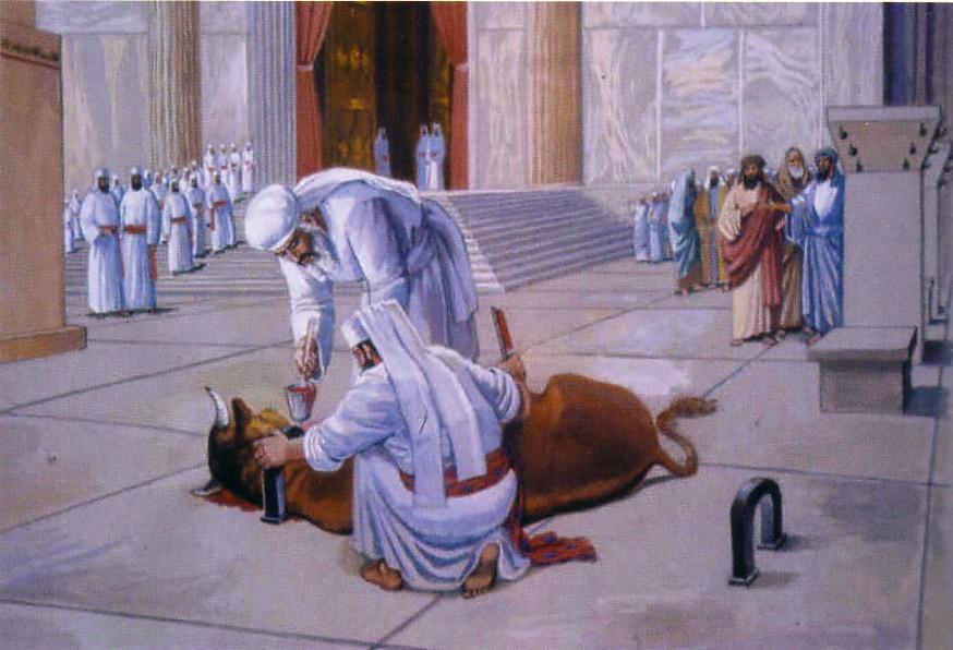 He shall take some of the blood of the bull and sprinkle it with his finger on the mercy seat on the east