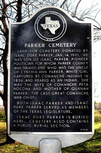 the south line of the cemetery property. A Texas Historical Marker at the site has the following inscription: I. D. Parker Public Cemetery and Homestead.