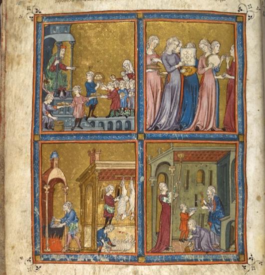 The Golden Haggadah The preparation for the Passover festival: upper right: Miriam (Moses' sister), holding a timbrel decorated with an Islamic motif, is joined by maidens dancing and playing