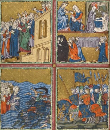 The plague of the first-born: in the upper-right corner, three scenes: an angel strikes a man, the queen mourns her baby, and the funeral of the first-born; upper left: Pharaoh orders the Israelites