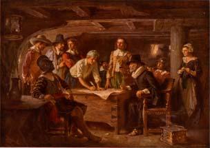 1611-1800 King James Version (Authorised Version) 1620 The Puritan Pilgrims arrive aboard the Mayflower at Cape Cod November 11, 1620 "Mayflower in Plymouth Harbor," by William Halsall, 1882 at