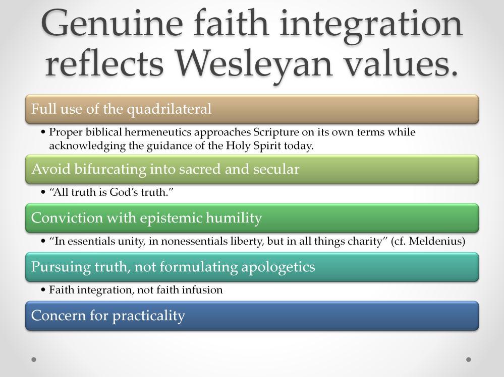 Wesleyan values call for an integrative approach to faith, using the various resources that God has given us.