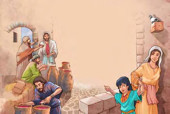 Jesus told the servants to take six stone jars and fill them with water from the well. Each jar was very large, and the servants filled them all the way to the top so that they were very heavy.