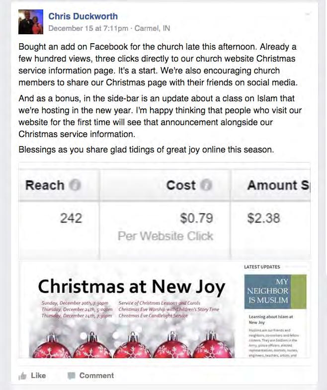 Test advertising on Facebook: Advertise Christmas Eve or Easter services Select geographic area for