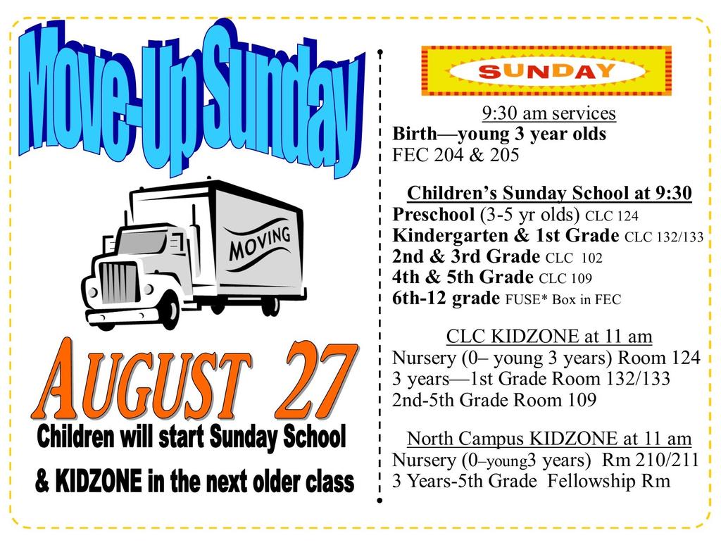 d-fuse* Sunday School will welcome incoming 6 th grade students on Sunday, August 27 th at 9:30 am in the fuse*box student ministry center.