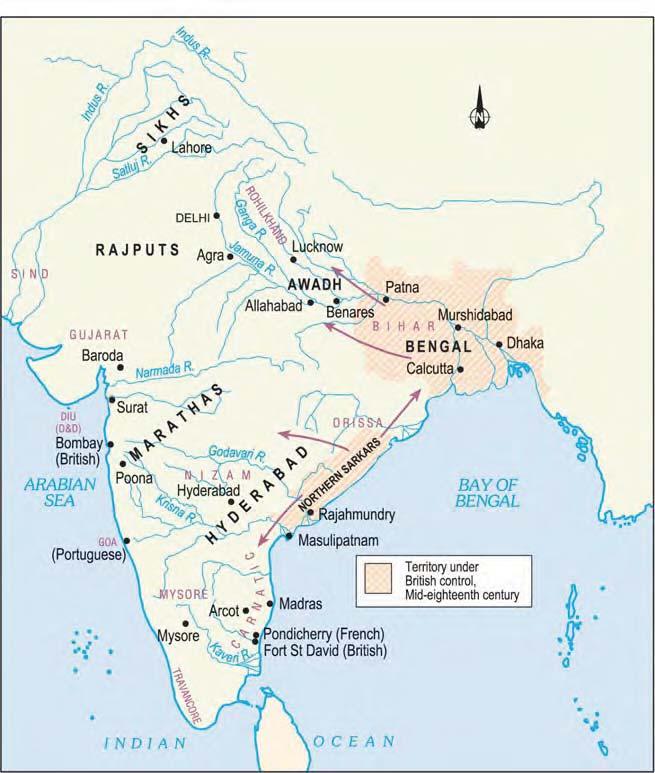 kingdoms. By 1765, notice how another power, the British, had successfully grabbed major chunks of territory in eastern India.