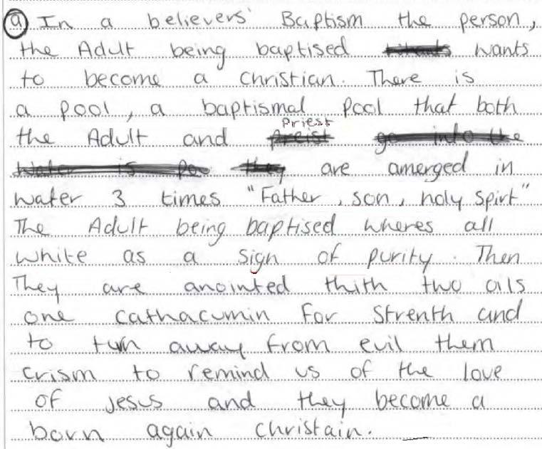 Grade C Example 3 (Part B) B5 Sacraments of Initiation (a) Explain what is said and done at a ceremony of believers baptism.