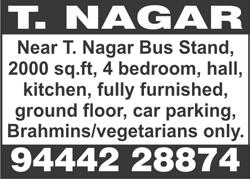 46, 2 nd Street, single bedroom, hall, kitchen, covered car parking. Contact: Chandran, Ph: 90030 29288.