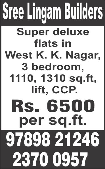 m and 5 p.m. Ph: 9487194643, 9884937163. JAFFERKHANPET, Gangai Amman Kovil Street, near Ashok Nagar, patta land, (17 x 25) 425 sq.ft, price Rs. 35 lakhs, no brokers. VR Estates, Ph: 9444174039.