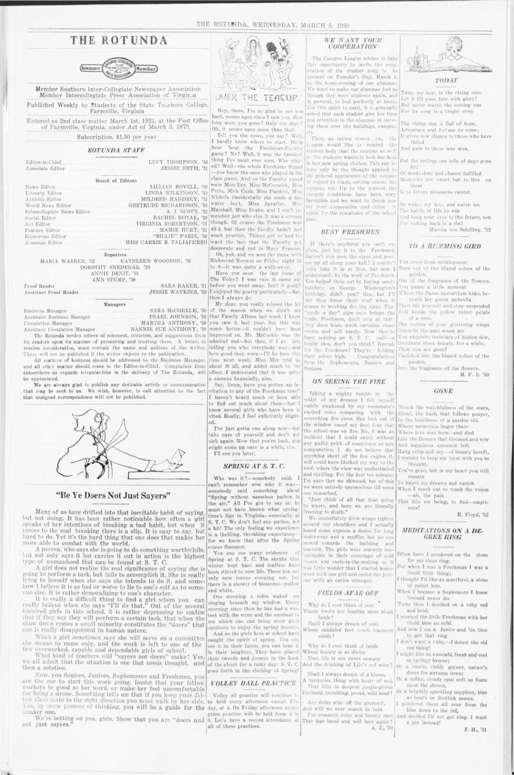 THE ROTUNDA (Newspaper #^5 s& 'AL Member] Member Southern nter-collegate Newspaper aton Member ntercollegate Press Assocaton of Vrgna Publshed Weekly by Students of the State Teachers College