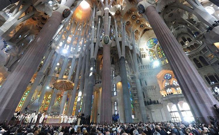 This is a picture of Mass in Sagrada Familia Church in Barcelona.