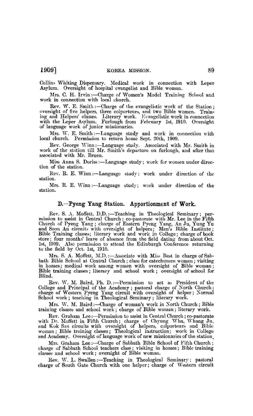 1909] KOREA MISSION. 89 Collins Wliiting Dispensary. Medical work in connection with Leper Asylum. Oversight of hospital evangelist and Bible woman. Mrs. C. H.