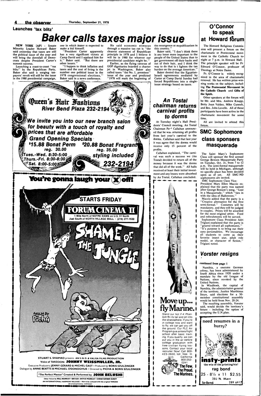 4 he observer Thursday, Sepember 21, 1978 Launches ax bliz Baker calls axes major issue NEW YORK [AP] Senae one in which liajcer is expeced o He said economic simulus he resurgence or Kepublicanism