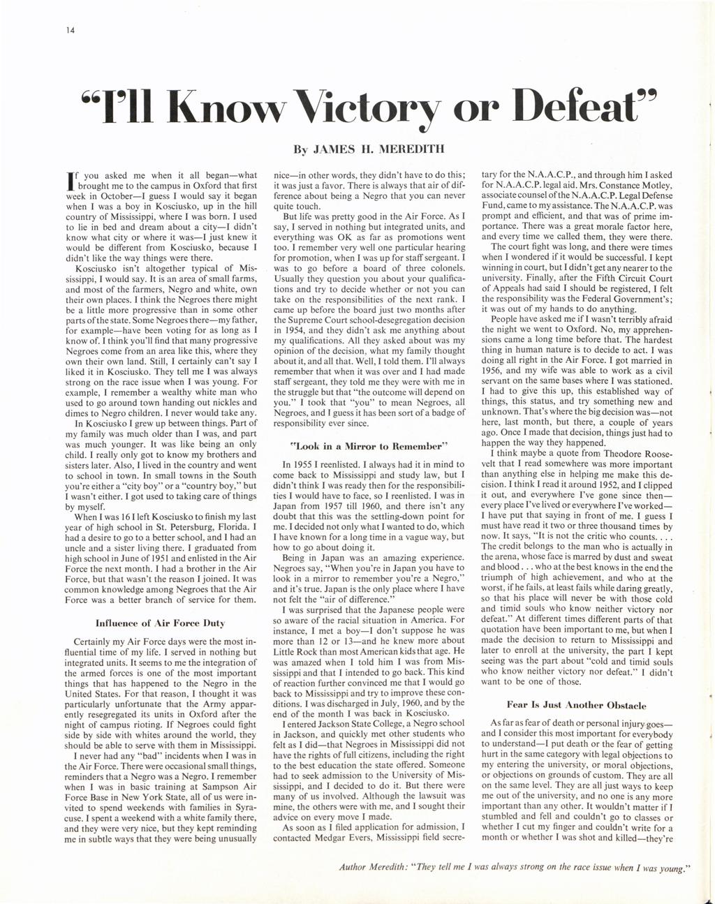 14 "I'll Know Victory or Defeat" By JAMES H.