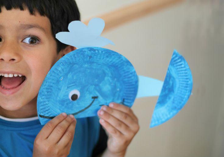 Craft two Make a whale What you will get in your box: A paper plate for each kid with the water squirt on the top of the head already stuck on and a smile already drawn onto
