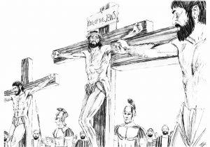 The Eleventh Station. Jesus Promises His Kingdom to the Good Thief. Now one of the criminals hanging there reviled Jesus, saying, Are you not the Messiah? Save yourself and us.
