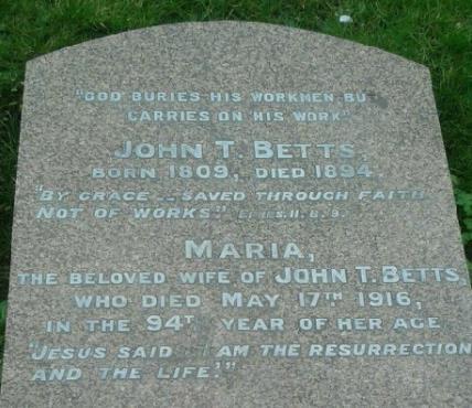 Shown below left is a photograph of the headstone of John Thomas Betts and his wife Maria, which is located at the Pembury Baptist Church,1 Romford Road.