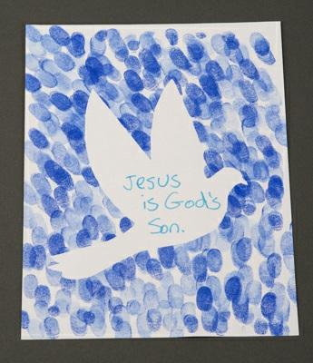 CRAFT Dotted Doves [20 min] white paper "Dove Outline" handout (1 per child) (download here) scissors washable blue ink pads markers wet wipes Like a Dove Say: When Jesus was baptized and God said