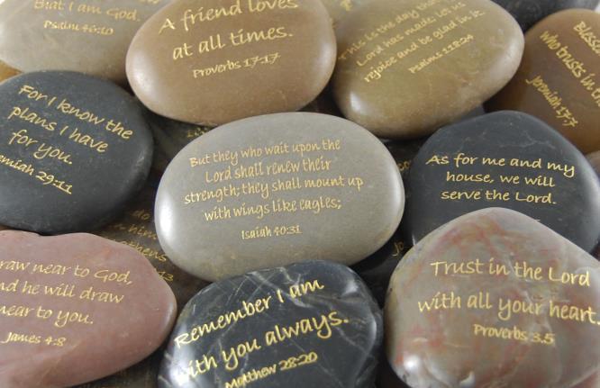 Engraved Scripture River Rocks: $1.75/each Natural river rocks range in size from 1 1/2-3 1/2 and vary in size and shape. The polished stones are filled with gold ink. Model 8800.