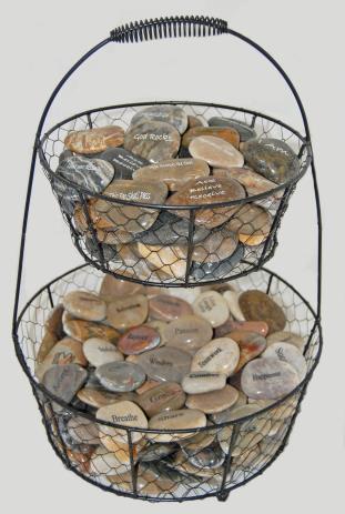 Combination River Rock Baskets $199 Engraved Scripture & Inspirational Phrase River Rocks Combo Basket Natural polished river rocks range in size from 1 1/2-3 1/2 and are filled with gold & white ink.