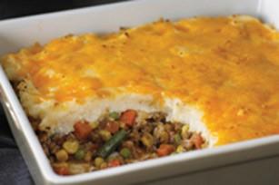 Volume 6, Issue 11 Page 7 Easy Shepherd's Pie 1 lb. ground beef 2 cups hot mashed potatoes 4oz. (1/2 of 8-oz. pkg.