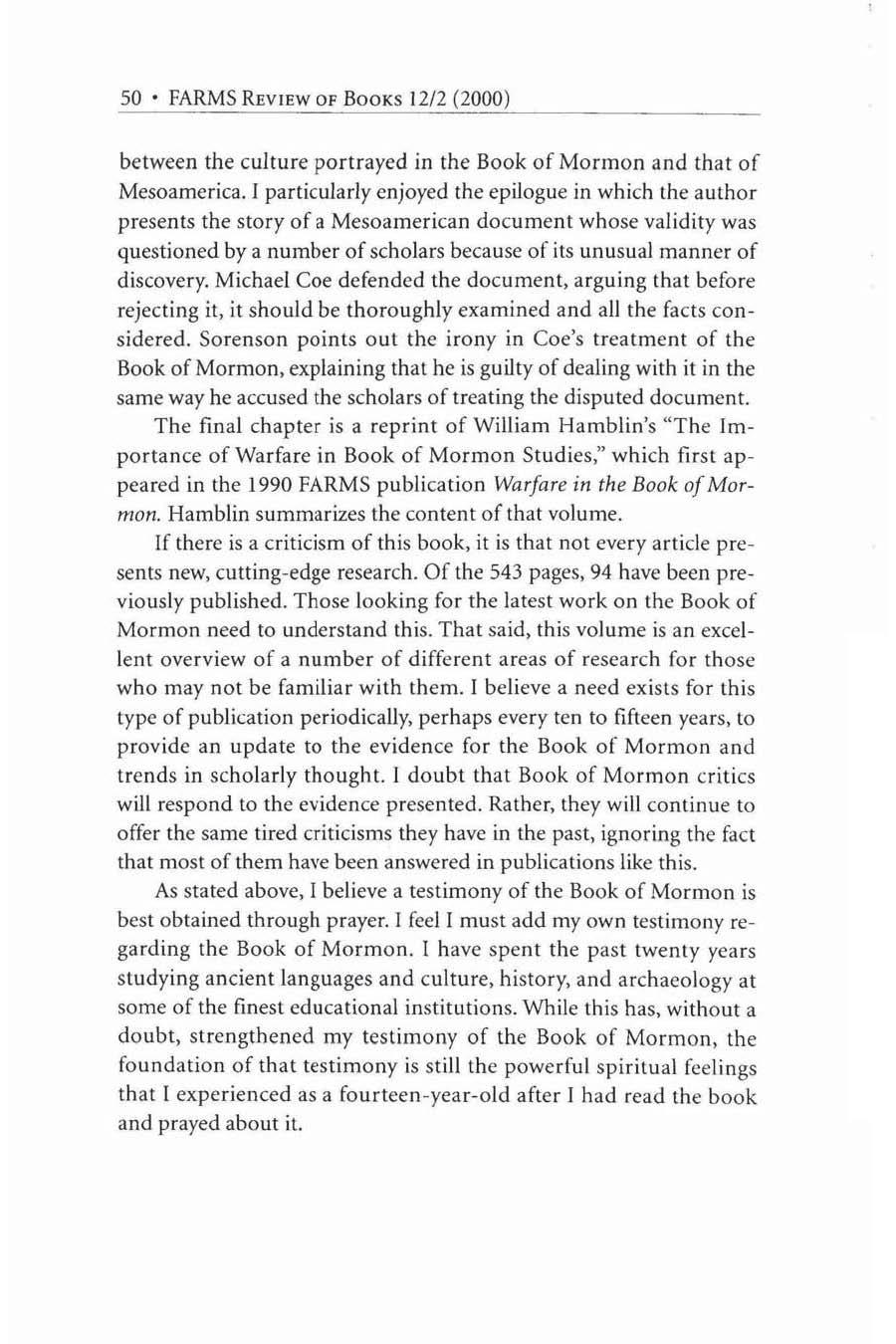 50 FARMS REVIEW Of BOOKS J 212 (2000 ) between the culture port rayed in the Book of Mormon and that of Mesoamerica.